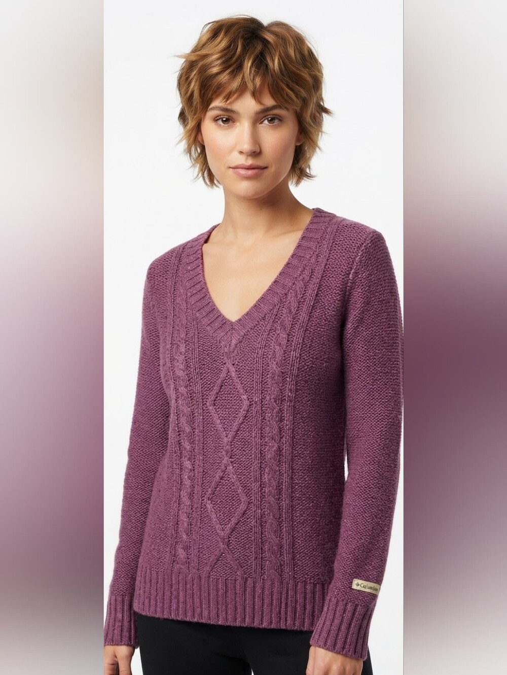 Columbia Sportswear Purple Plum Cable Knit V-Neck Wool Blend Sweater Size Large